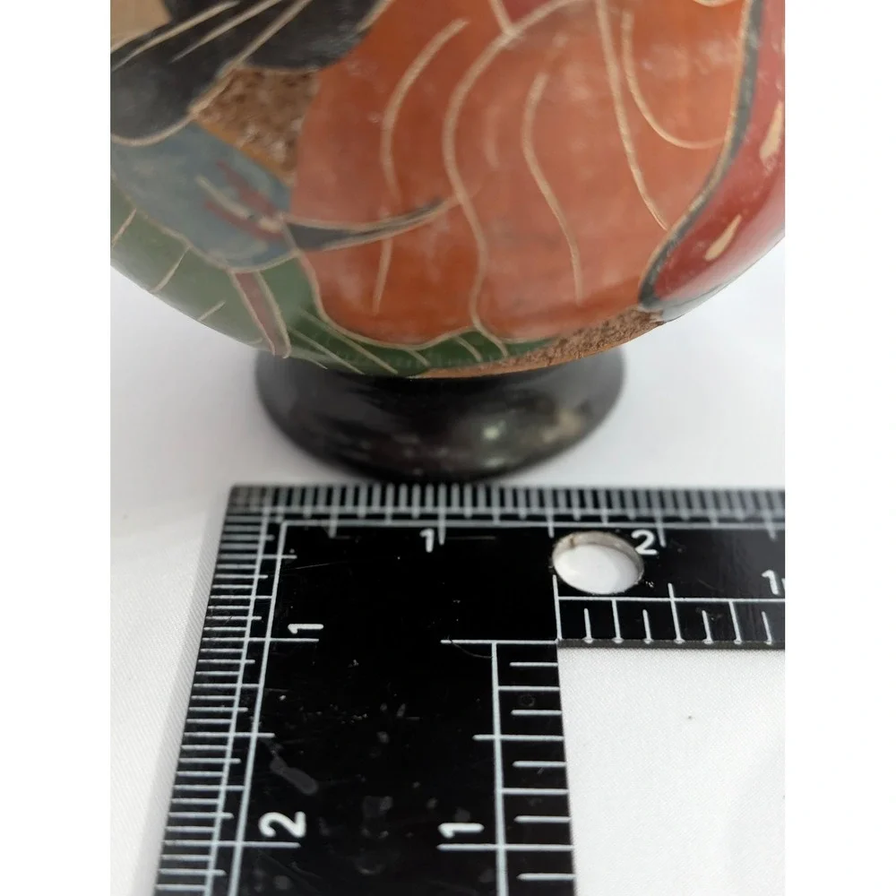 Vintage Folk Art Pottery Vase Bird Butterfly Flowers Black Clay Sgraffito